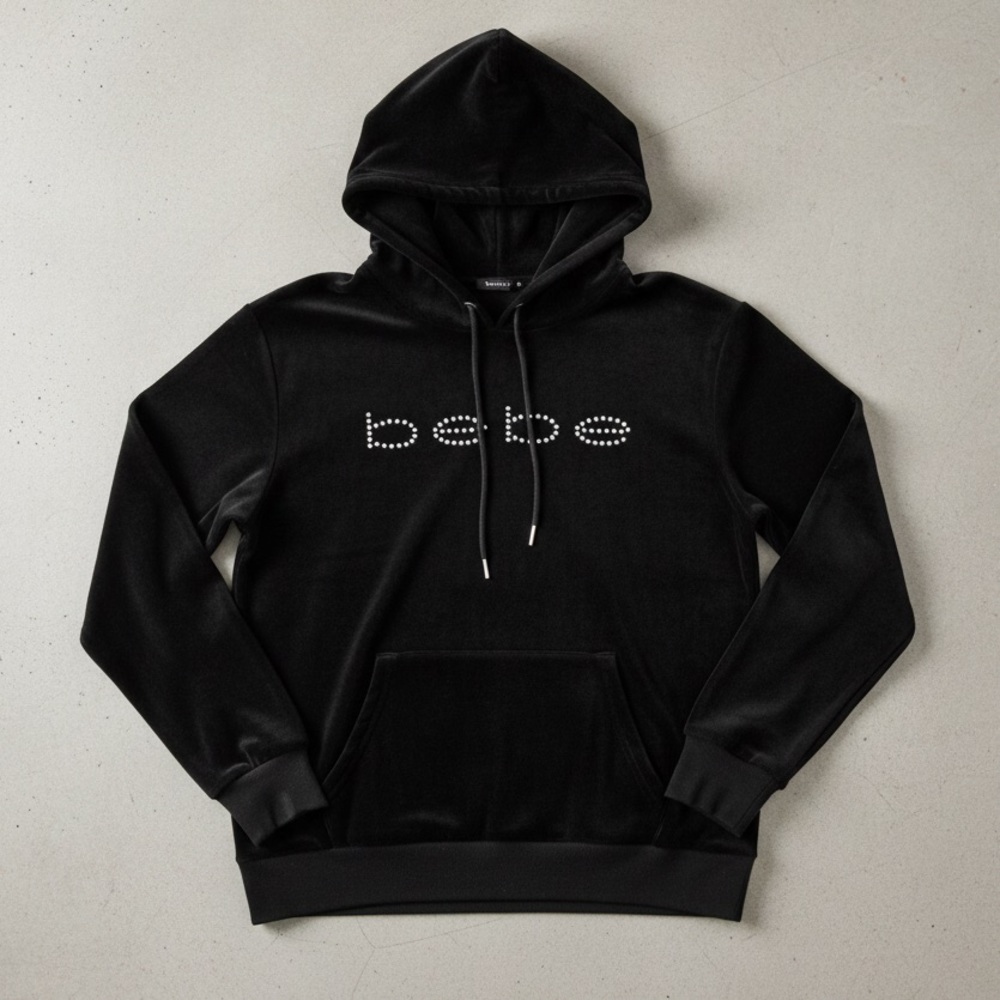 BEBE SPORT Women’s Athleisure Velour Casual Pullover Rhinestoned Hoodie